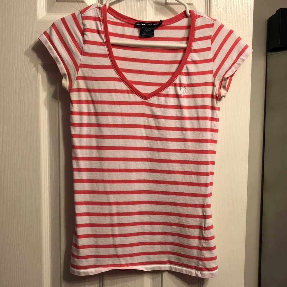 Pink and white striped v neck Polo shirt
